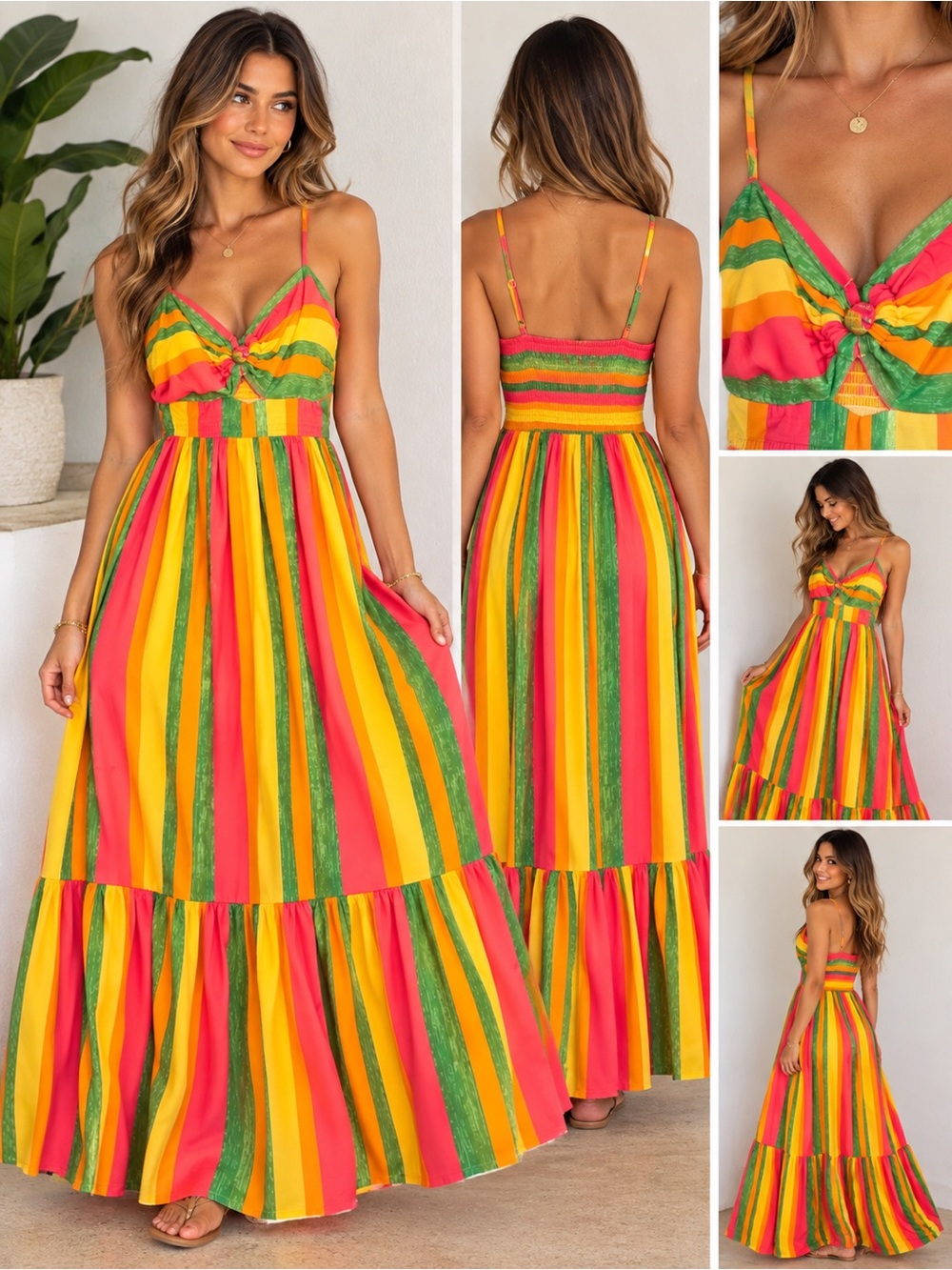Flying Tomato Multicolor Striped Maxi Dress Size M Smocked Back Cutout Boho